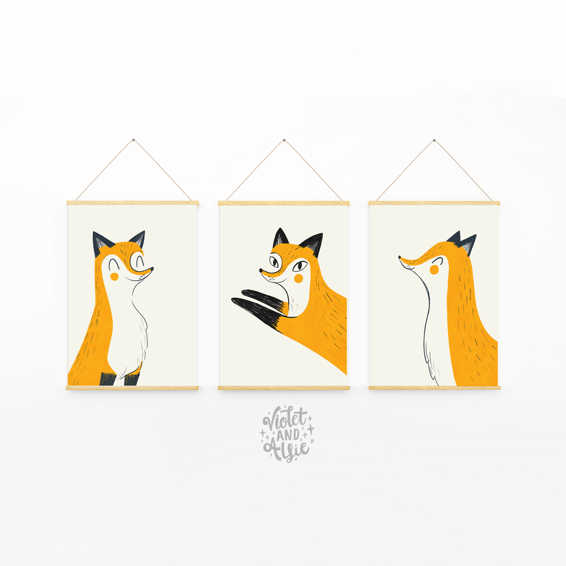 Animal Prints for Kid's Bedroom, Nursery, Playroom, Woodland Wall Art, Wildlife Illustration, Cute Foxes Picture Set, Set of 3 Fox Prints