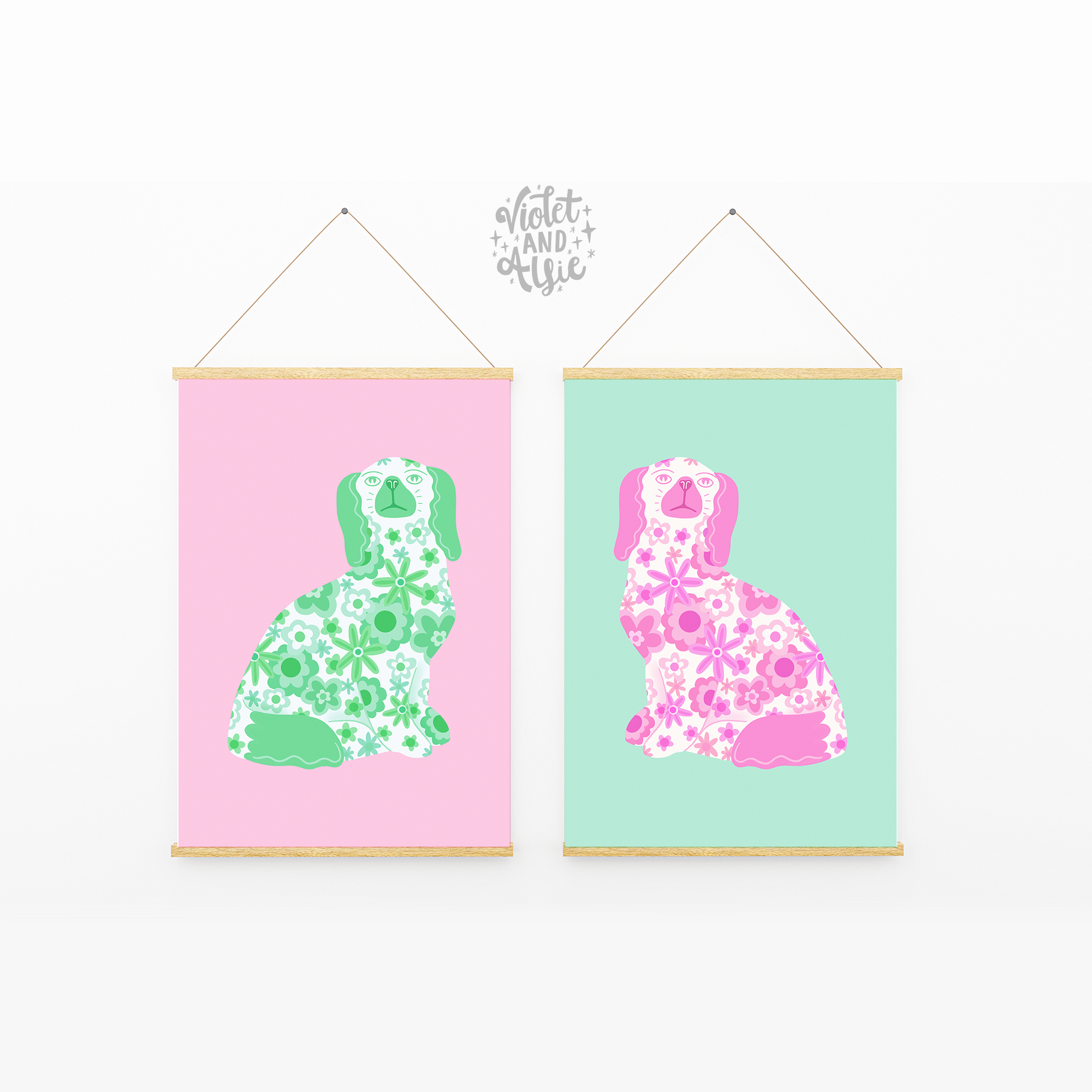 green and pink wall art, funky dog prints, colourful maximalist home decor, clashing colours wall art