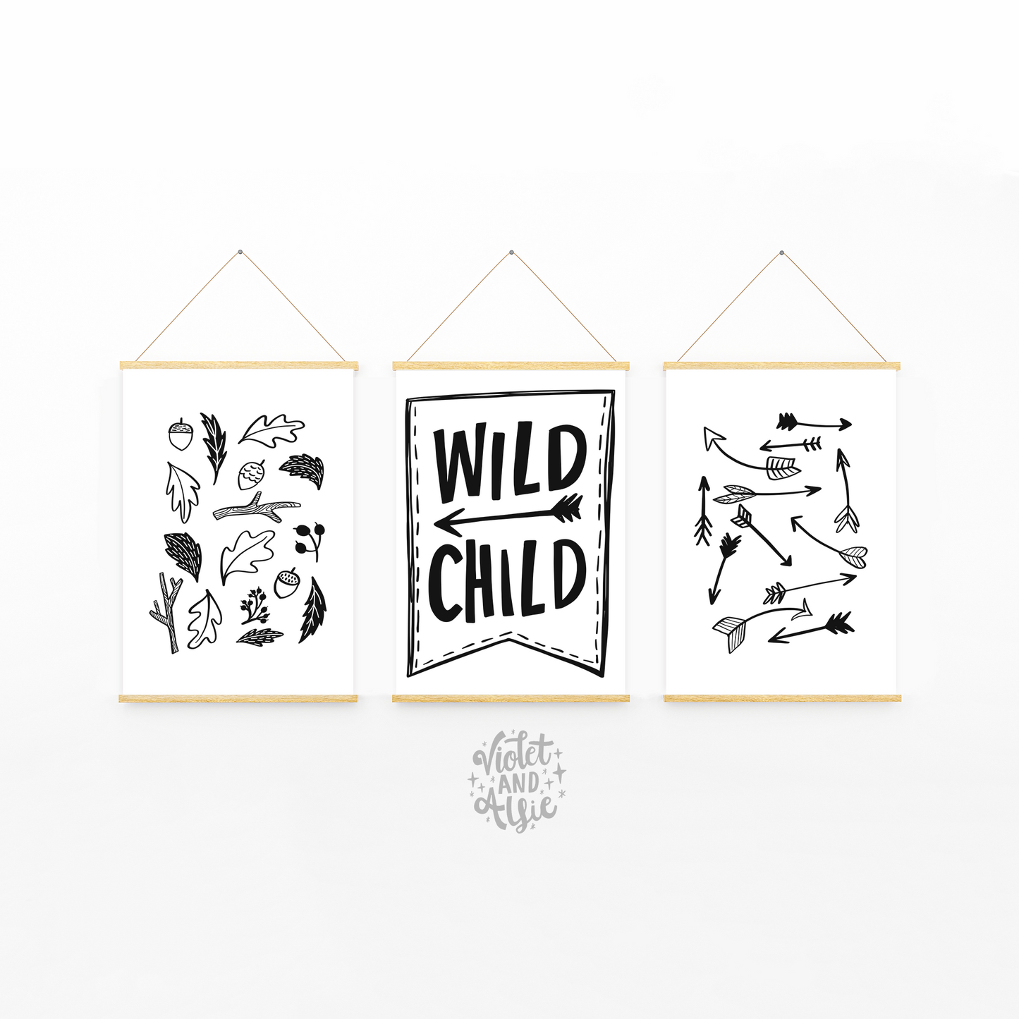 Black and white scandi Wild Child print set for modern kid's bedroom, adventure themed nursery, playroom pictures, cool boho wall art, leaves, acorns, woodland nursery prints, Wild Child print, kids room, arrows print, black and white wall art, pictures for kids room, boho nursery, three prints, set of 3 pictures