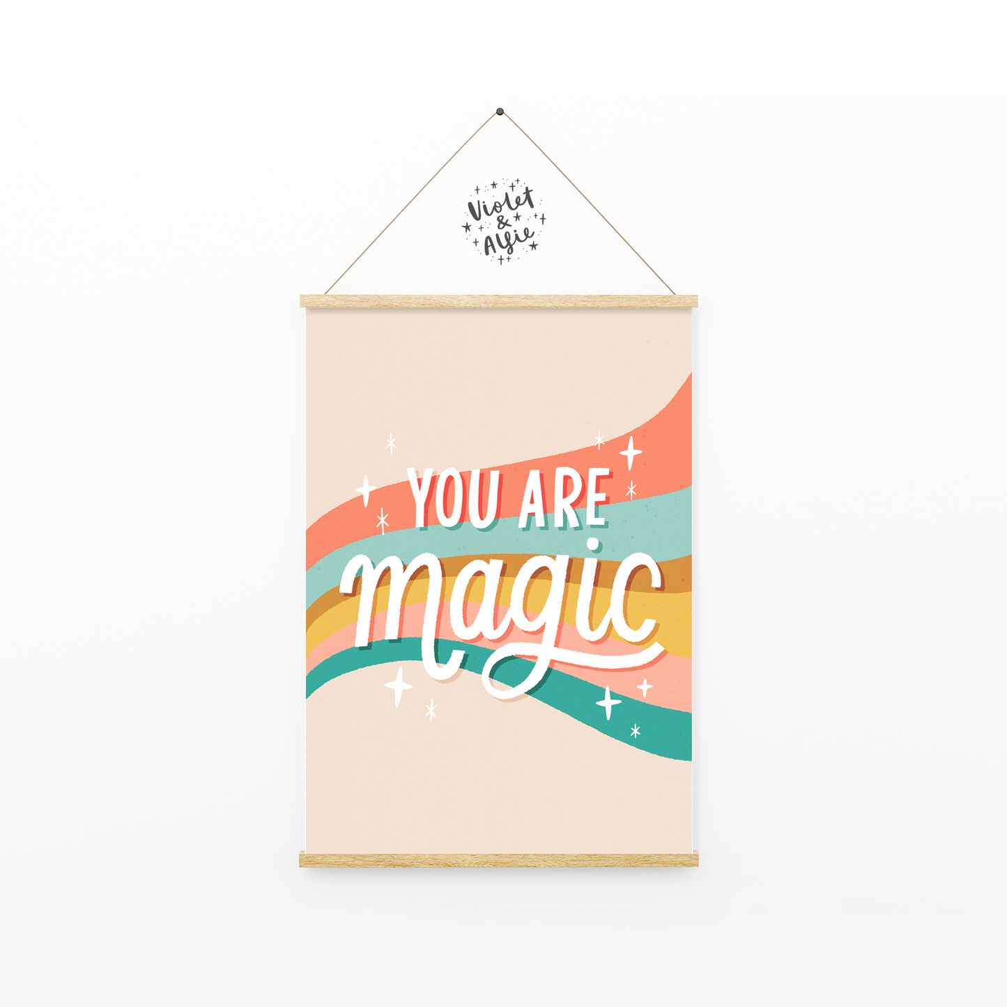 You Are Magic Print , Statement Art ,Eclectic Retro Colourful Decor, Inspirational poster, typographic wall art, peach green, purple mint, magic quote wall decor, eclectic gallery wall art