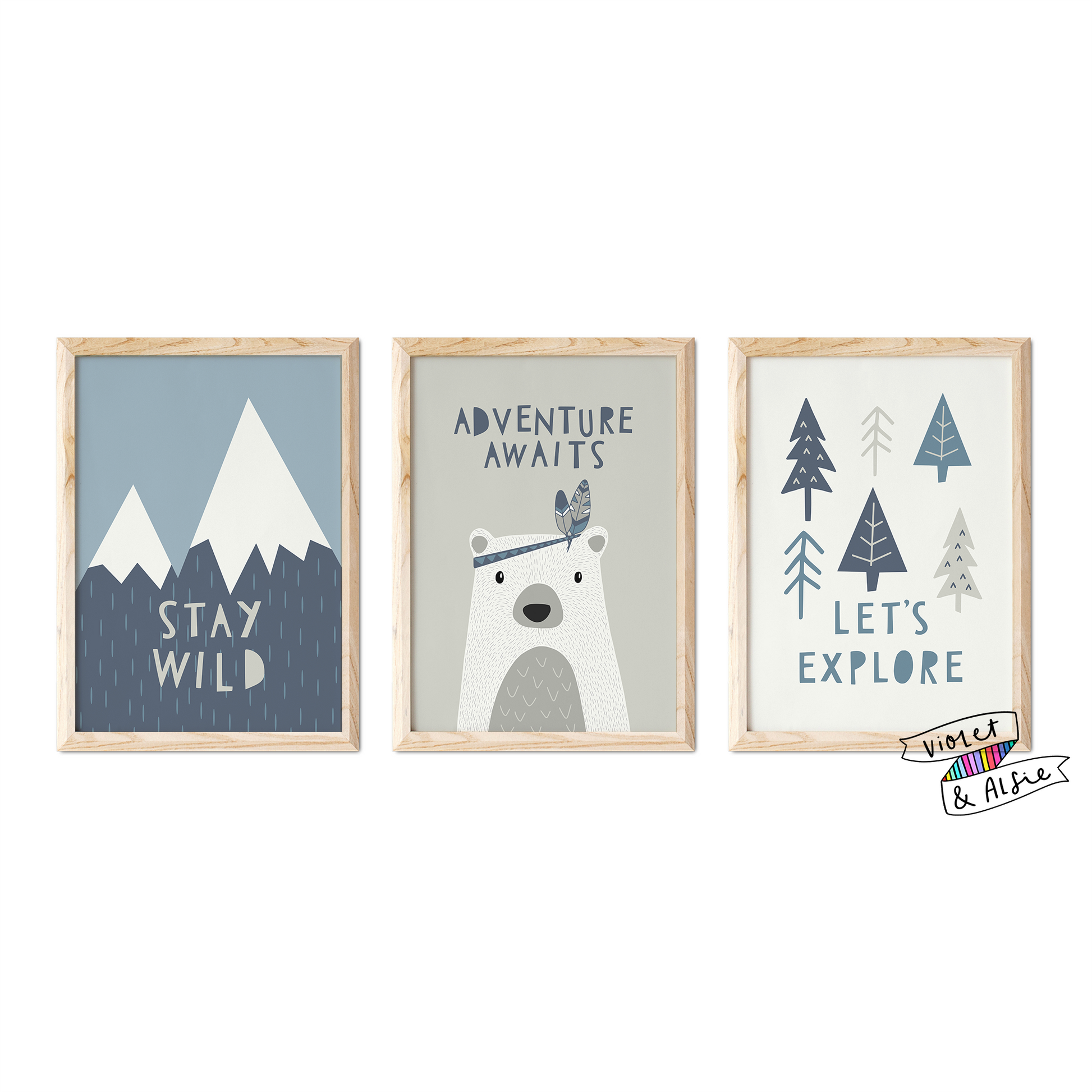 stay wild_adventure awaits_let's explore_bear print_typographic prints_adventure nursery_mountain prints_scandi nursery print set
