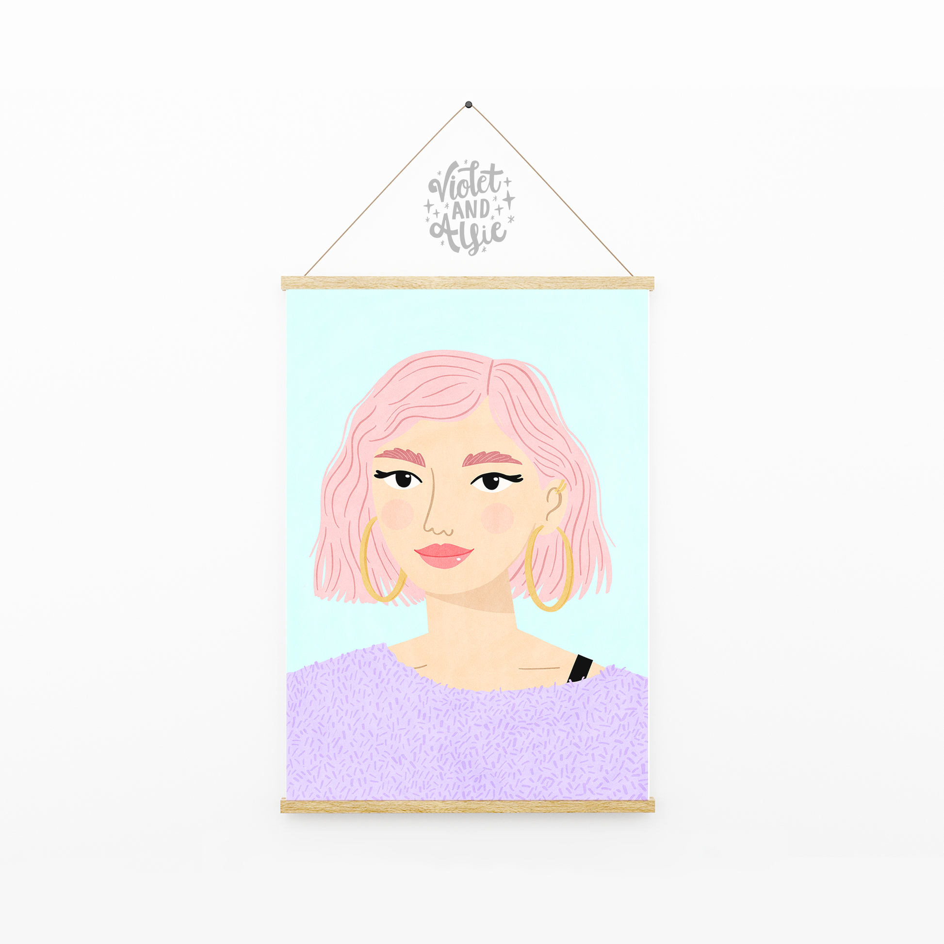 Pink hair print, cool wall art, girl's room decor prints, quirky wall art, colourful home decor, maximalist prints, gallery wall art prints, girl portrait, lilac mint pink