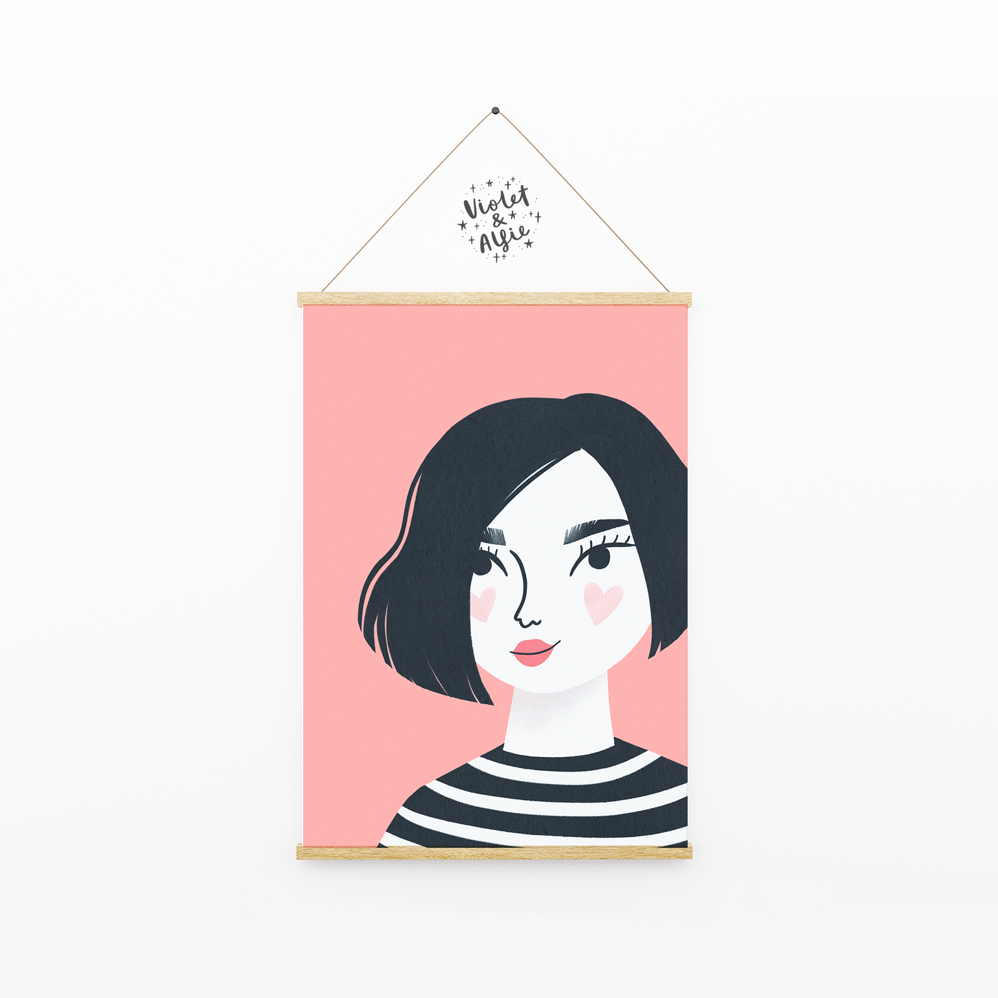 This bold minimalist portrait of a girl is eye-catching and modern, perfect for a gallery wall display.  Pink wall art, quirky portrait, print of girl, modern illustration, fashion illustration, trendy art prints.