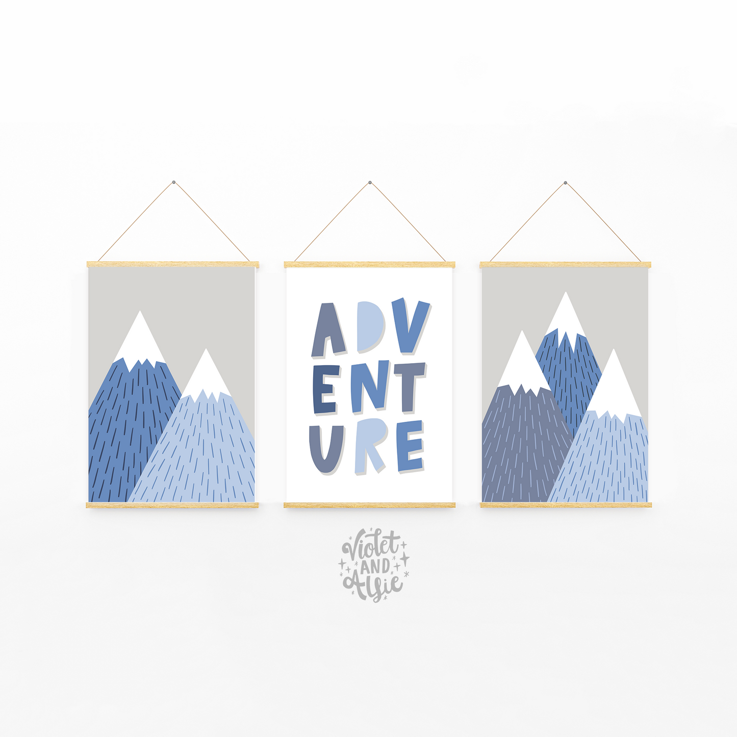 This simple scandi style print set is perfect for an adventure themed kid's bedroom, nursery or playroom. Choose between the set of three or four coordinating prints.  Adventure mountain art, blue and grey boy's room decor, scandi kid's print set, mountains illustration, kid's mountain art