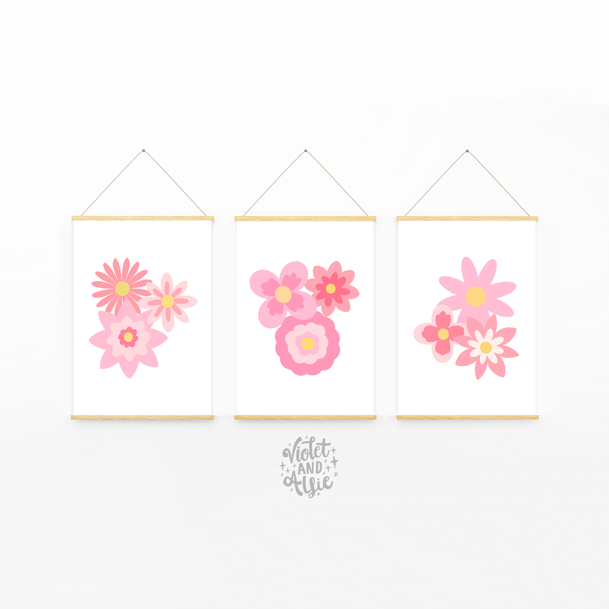 This sweet simple flowers print set is perfect for a girl's bedroom, nursery or pretty playroom. In pastel pink or peach colour options,  adorable wall art set will add some floral cuteness to any space. Pretty floral posters, baby girl nursery art, girly decor, floral set of 3 prints, cute flower illustration, retro flowers, pretty nursery art, cute flower decor, pastel children's room, pastel pink, peach decor