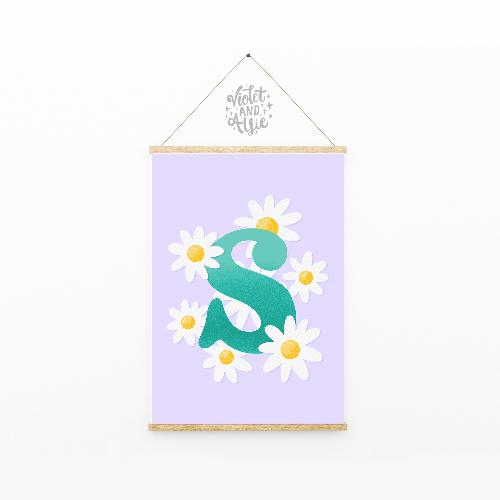Daisy Letter Initial Print, Lilac and Turquoise Wall Art, Girl Gift, Flower print, personalised gift, new baby gift, girls room decor, retro daisy botanic print, biophilia gift, floral illustration