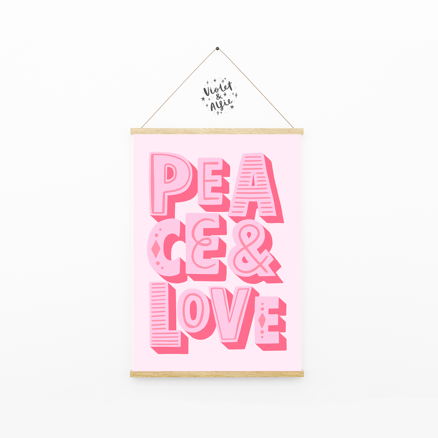 Peace and love print, typographic wall art, bright bold gallery wall prints, peace print, love print, bright pink decor, eclectic home wall decor, vibrant colourful home decor