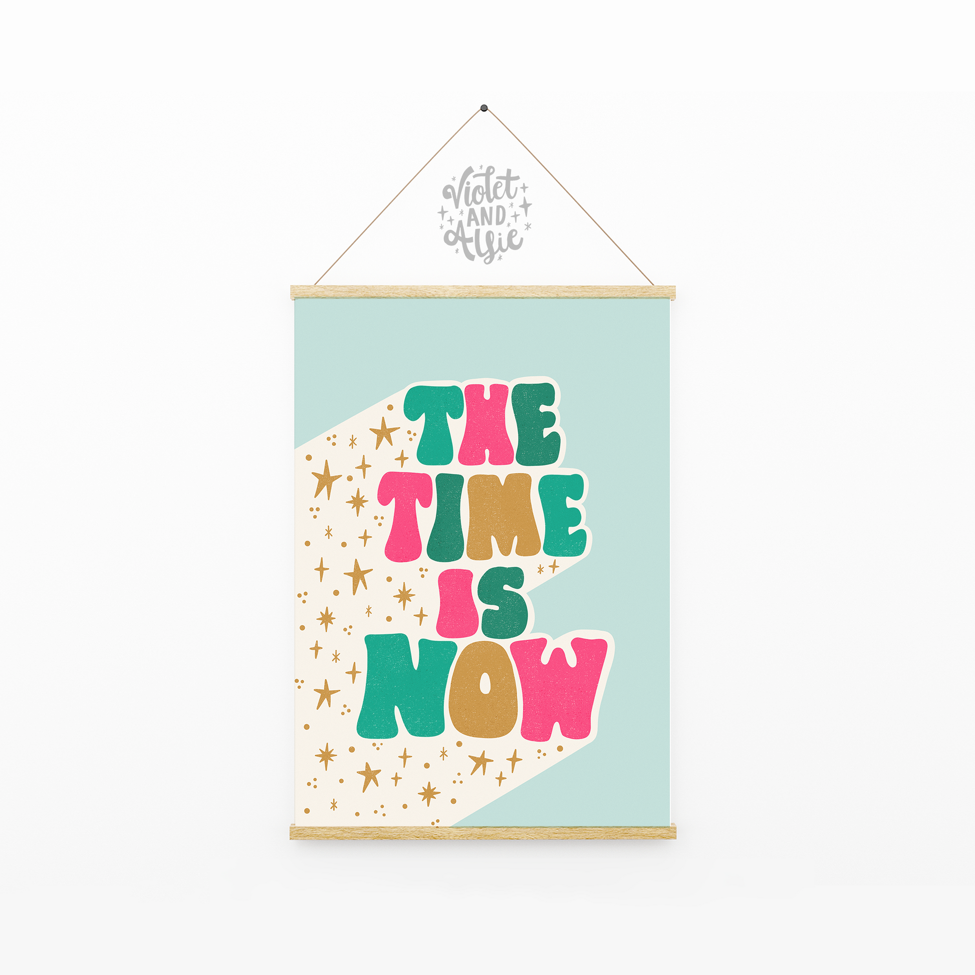 "The time is now" This super colourful typographic print is perfect for adding a pop of colour and positivity. The motivational wall art is fab for freshening up your workspace decor or dorm room. Motivational Quote, Colourful Retro Wall Art, Starry Art, Motivation and inspiration quote art, typographic poster, blue and coral, pink and green, statement print. 